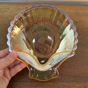 Vintage Carnival Glass Trinket Dish IRIDESCENT Glass Marigold Seashell 6" MINT